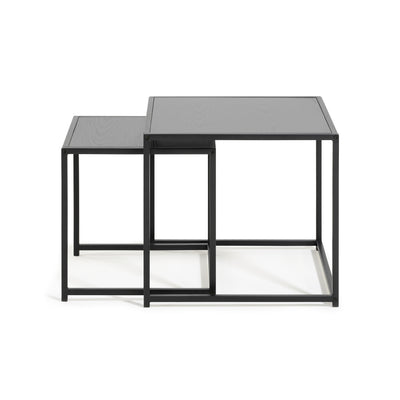 Stoliki Skeleto 50x45 Czarna Melamina z boku – blaty w kolorze czarnego jesionu na stalowej ramie