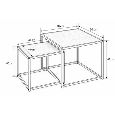 Zestaw 2 stolików kawowych Skeleto 50x45 i 40x40 – rysunek wymiarowy z szerokością, wysokością i głębokością