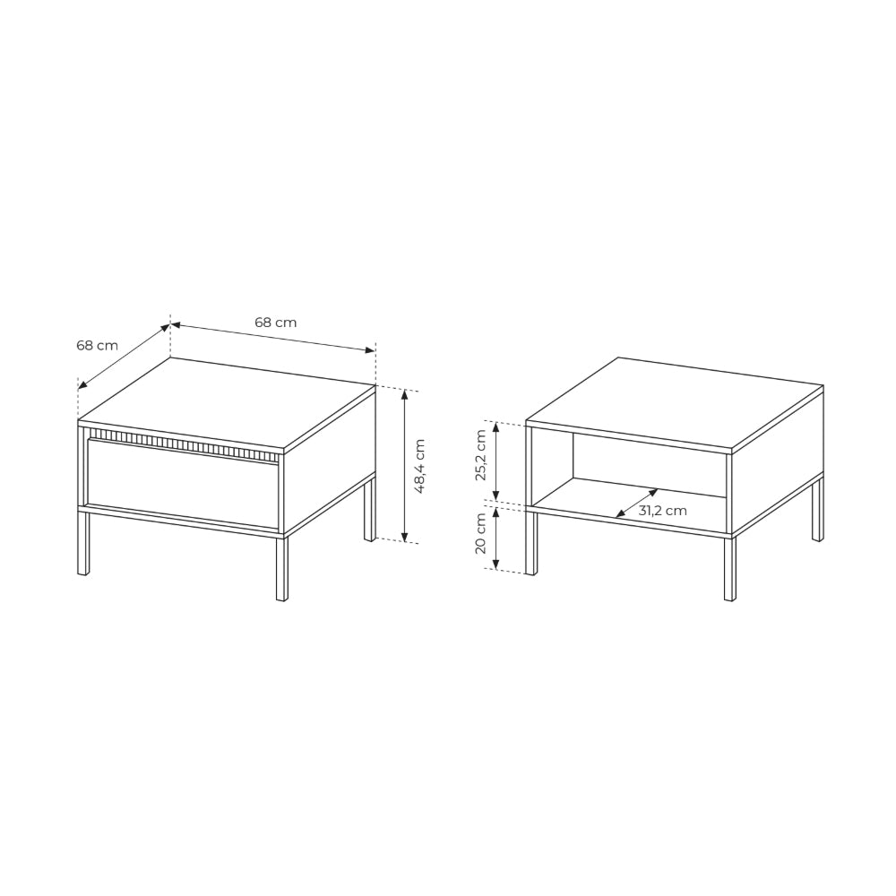 Stolik kawowy 68x48 z szufladą w stylu minimalistycznym – push to open, metalowe nogi, ryflowany pasek, beżowa kolorystyka | Senra