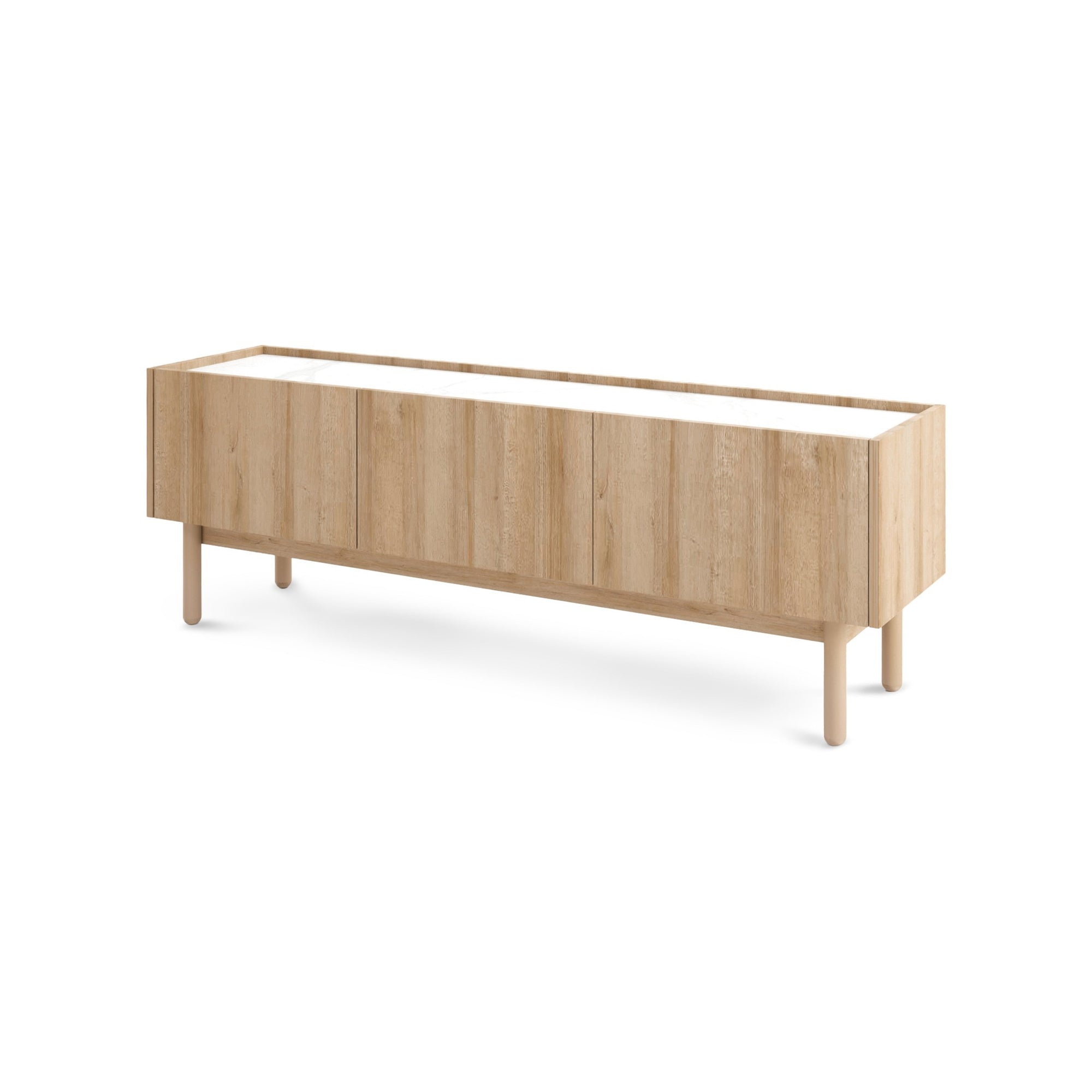 Szafka RTV 144x48 w stylu Boho – dąb riviera, blat marmur bianco | Anawa