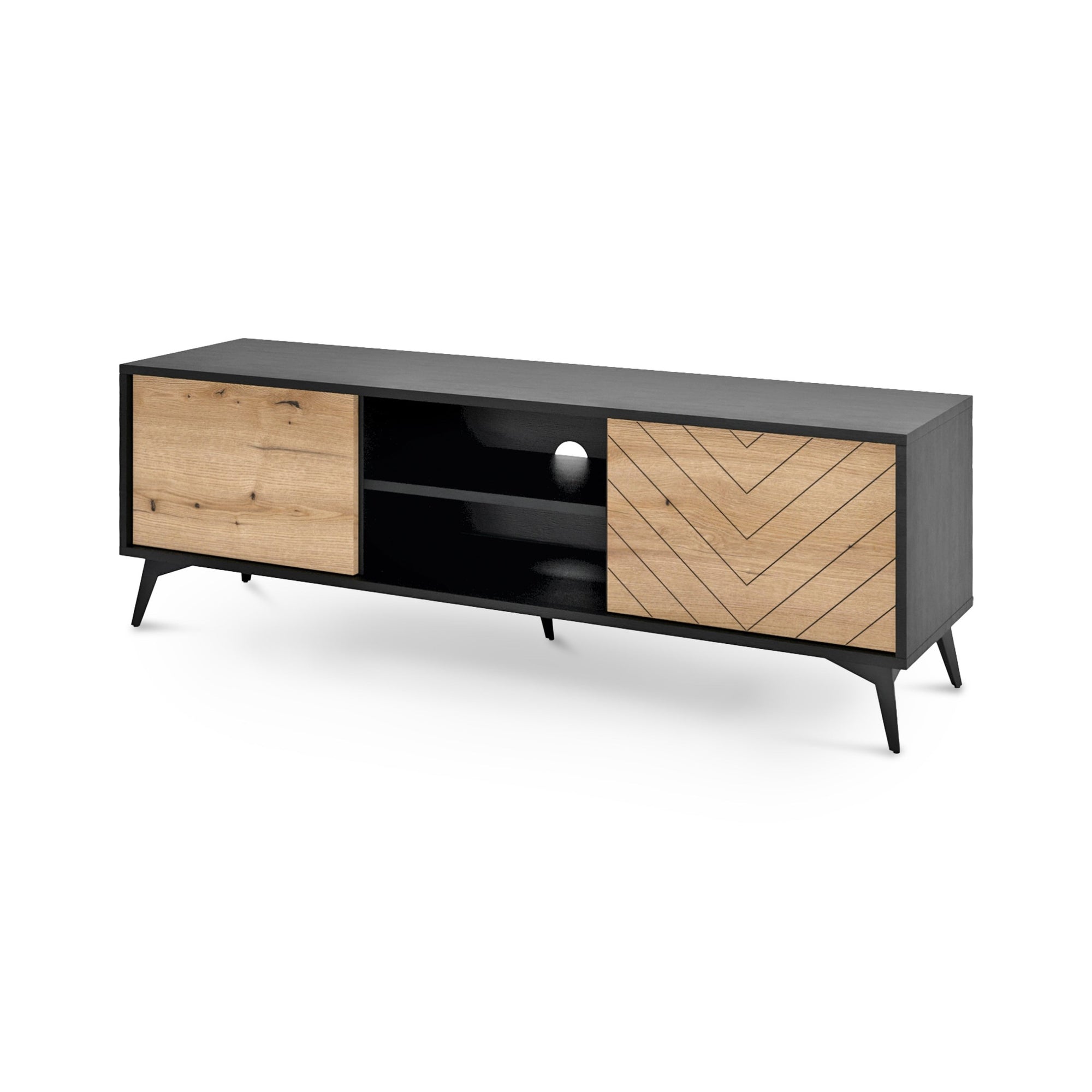 Szafka RTV 154x50 w stylu nowoczesnym - dąb Evoke, frezowany front w jodełkę, metalowe nóżki | Nirwana