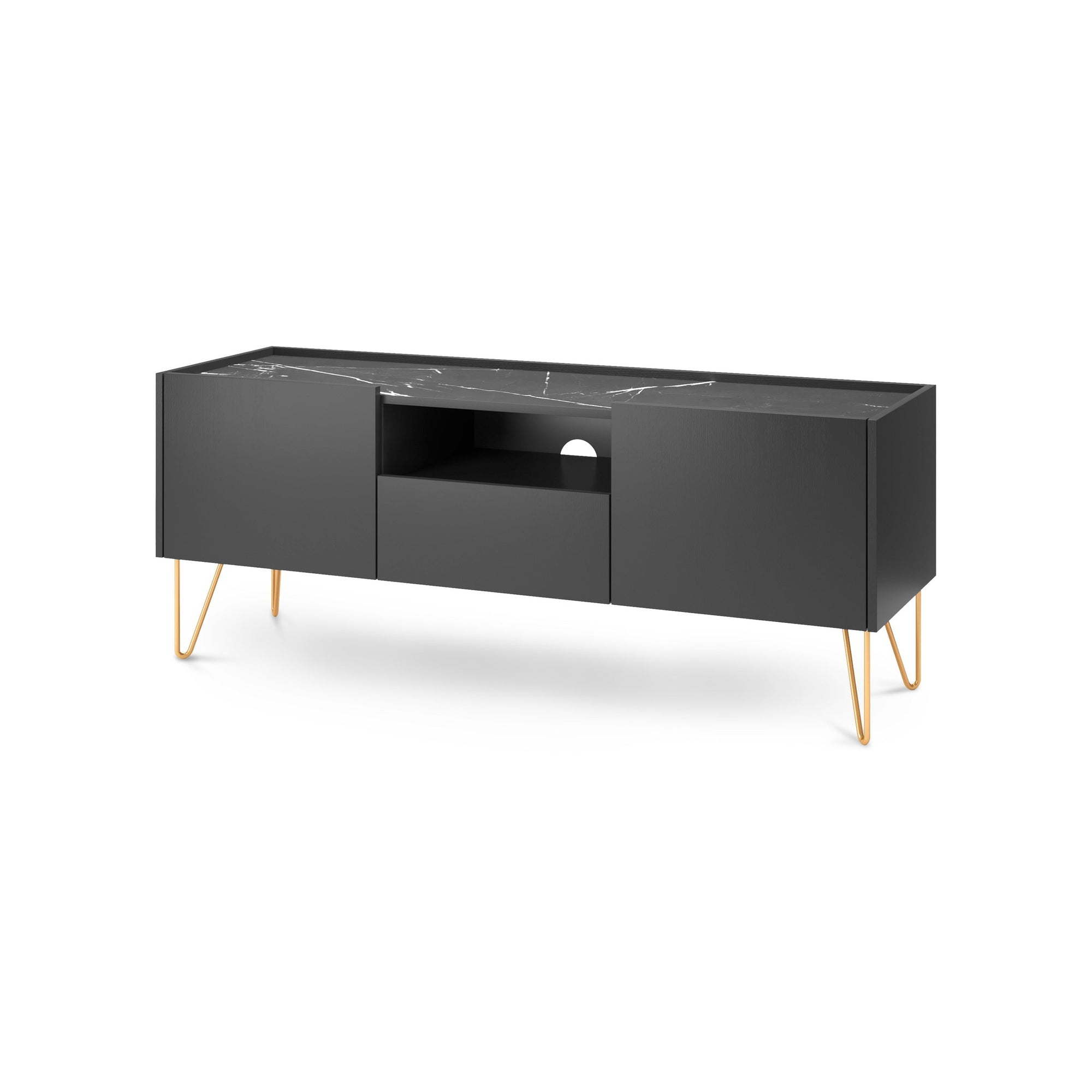 Szafka RTV 144x55 w stylu glamour – grafitowa, blat marmur Black Royal, system push-to-open| Ballada