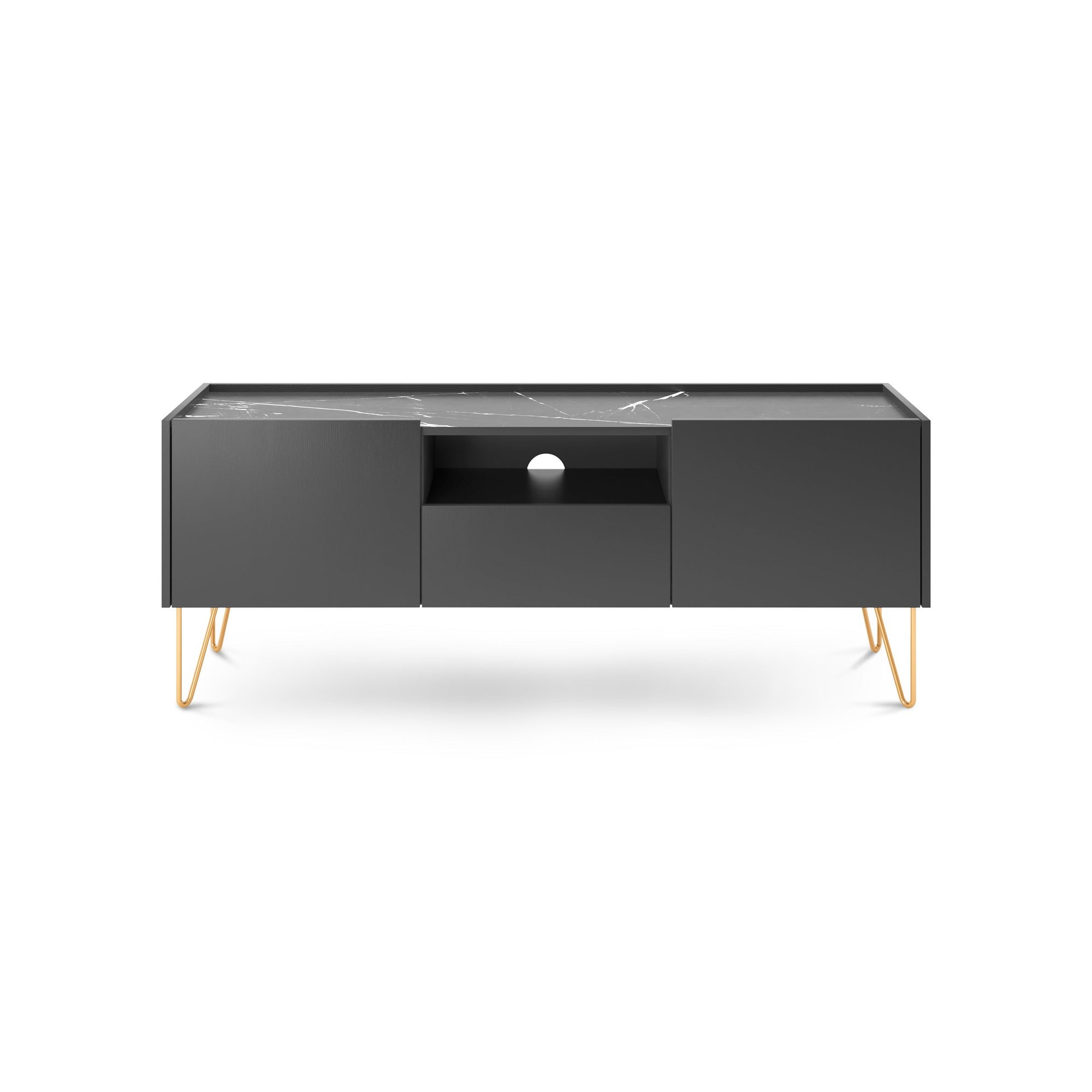 Szafka RTV 144x55 w stylu glamour – grafitowa, blat marmur Black Royal, system push-to-open| Ballada