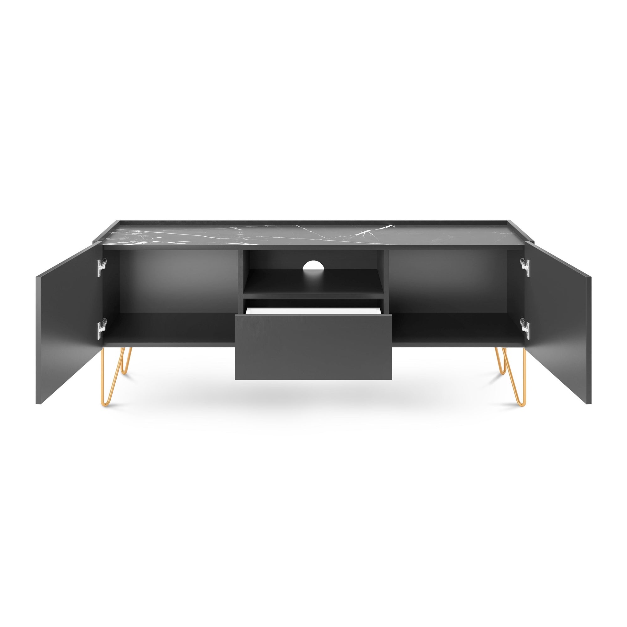 Szafka RTV 144x55 w stylu glamour – grafitowa, blat marmur Black Royal, system push-to-open| Ballada