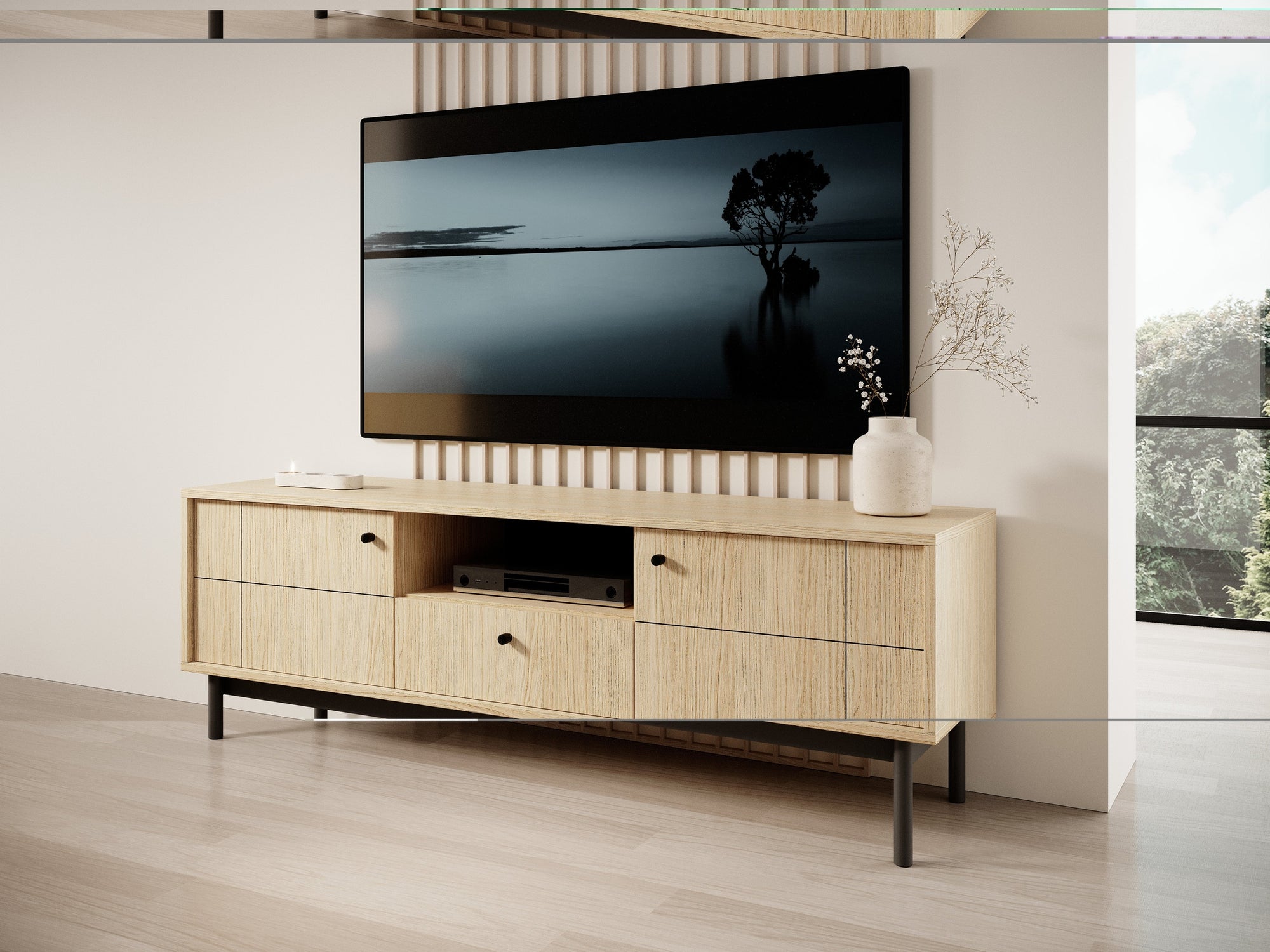 Szafka RTV 154x57 w stylu minimalistycznym - frezowane fronty, cichy domyk | Sabi