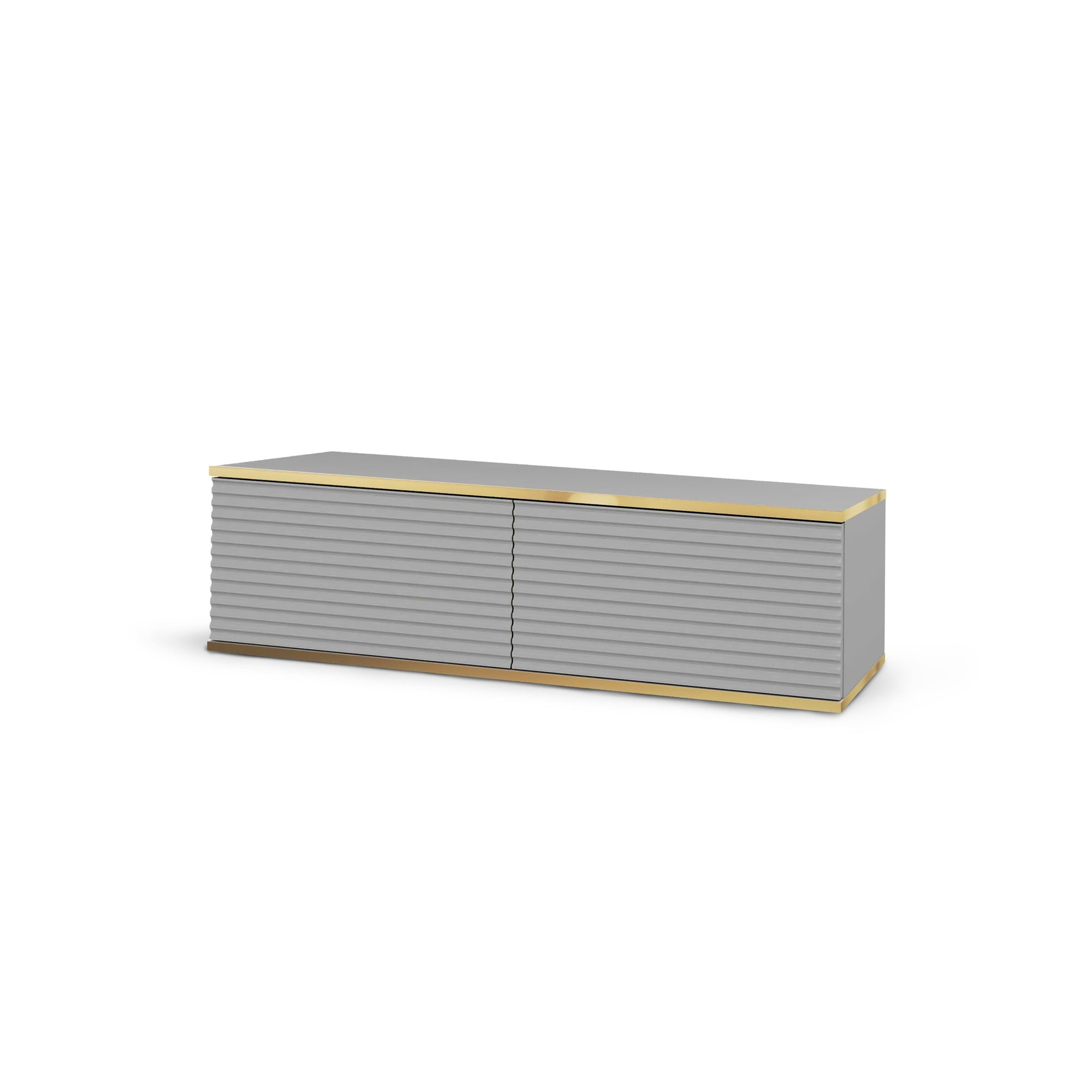 Szafka RTV 135x30 w stylu nowoczesnym - ryflowany front MDF, złote akcenty | Meva