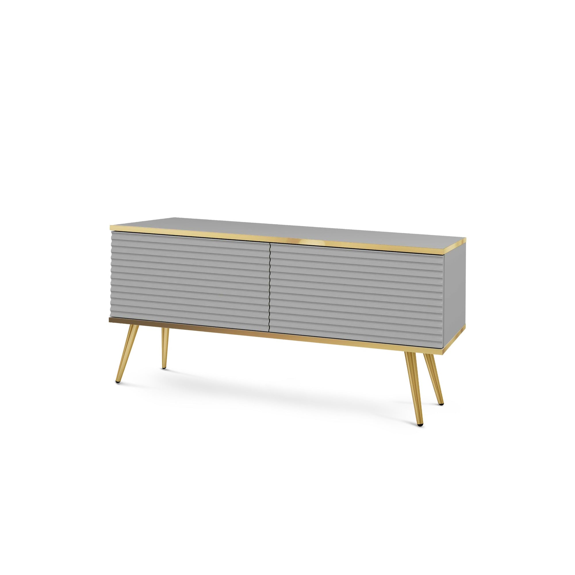 Szafka RTV 135x30 w stylu nowoczesnym - ryflowany front MDF, złote akcenty | Meva Szary Złota