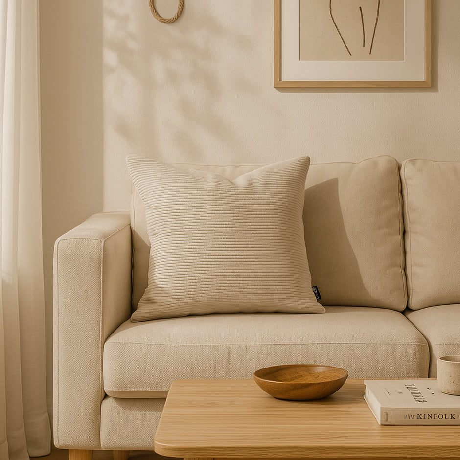 Poduszka dekoracyjna 45×45 cm w stylu scandi i boho – sztruks 100% PES, pionowe prążki | Sztruks
