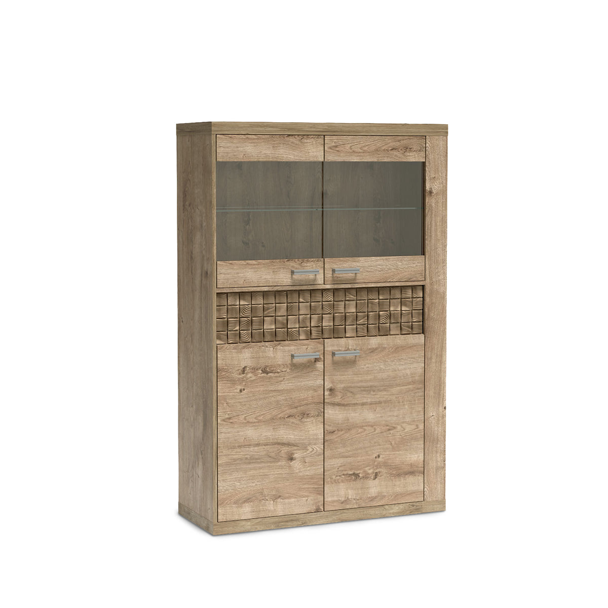 Witryna Korin 102x160 w kolorze dąb – witryna z dwojgiem przeszklonych drzwi, szufladą i szafką, widok z ukosa