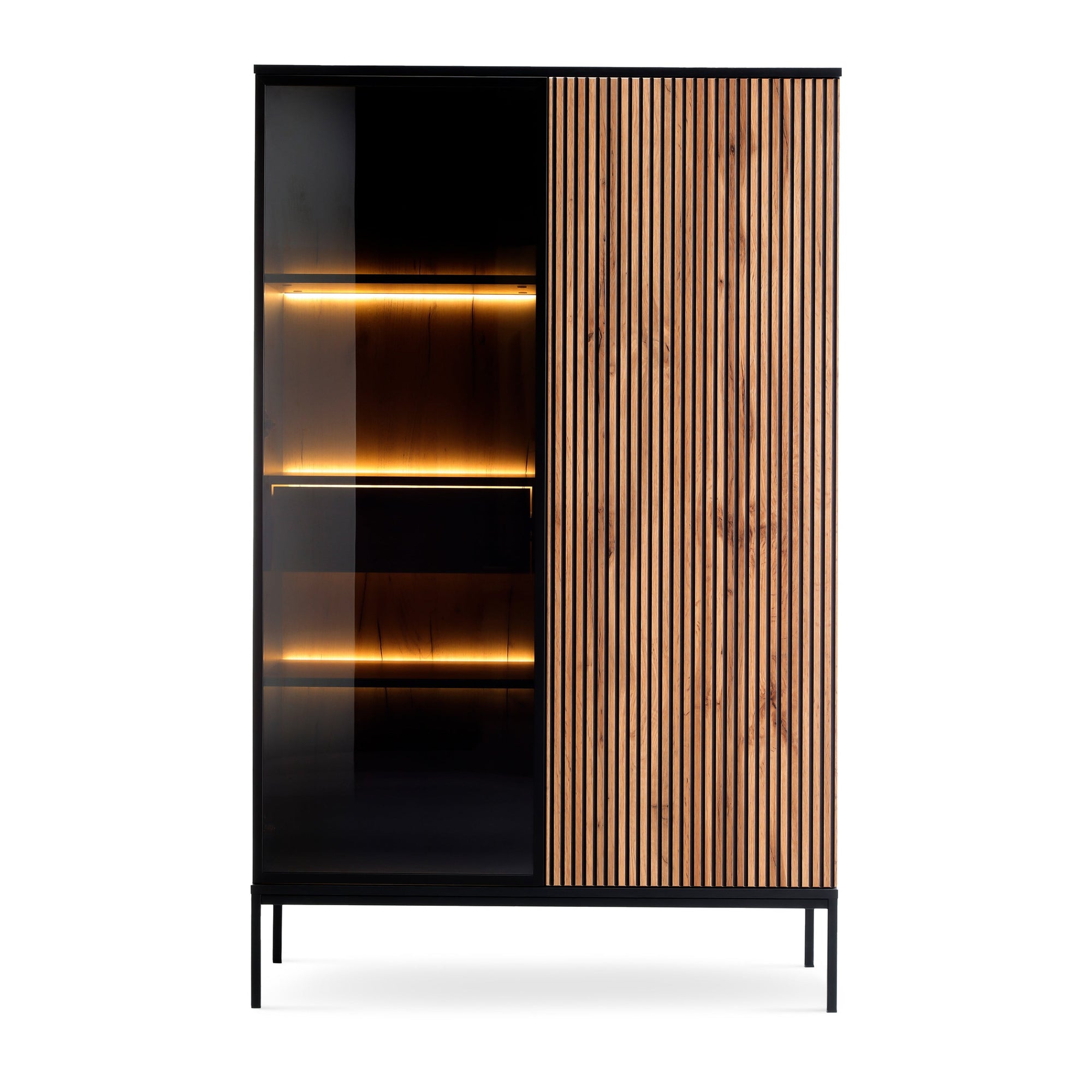 Komoda z drzwiami i szufladą 104x166 w stylu nowoczesnym - LED, przeszklony front, push-to-open | Lampy