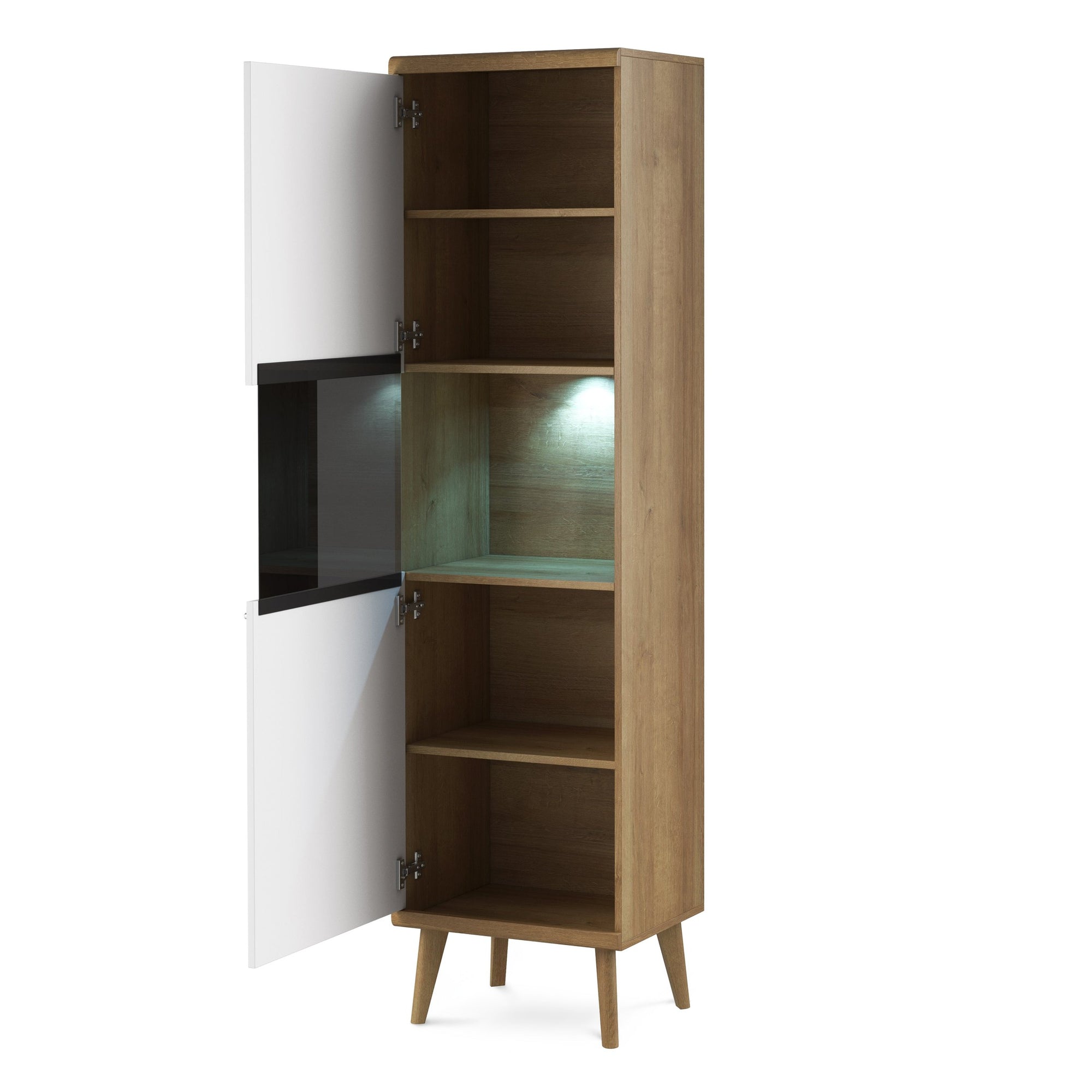 Witryna przeszklona 50x197 cm w stylu skandynawskim – dąb Riviera, biała, drewniane nogi | Lato