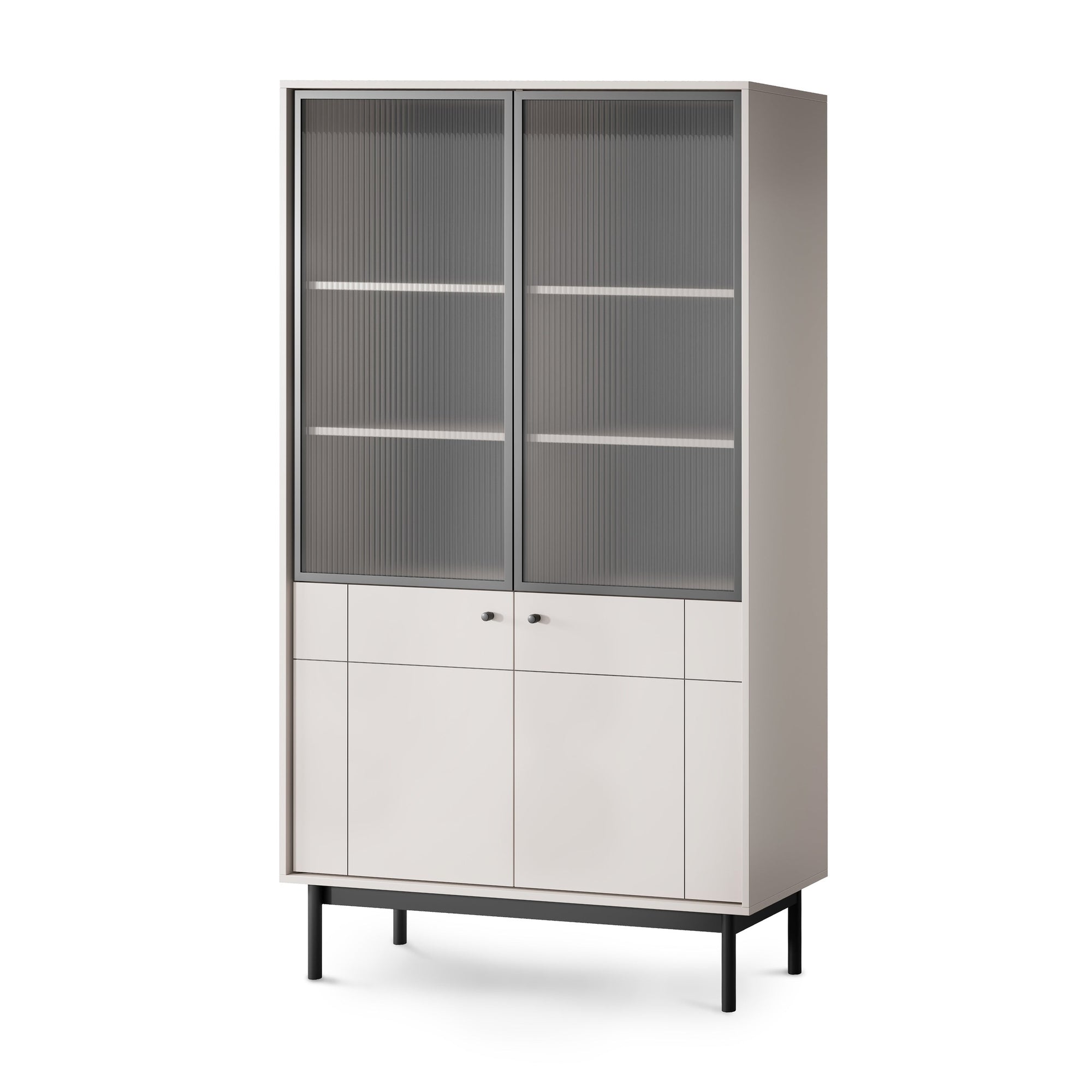 Witryna przeszklona 104x185 cm w stylu japandi – ryflowane szkło, cichy domyk Häfele, dąb Linea | Sabi Kaszmir