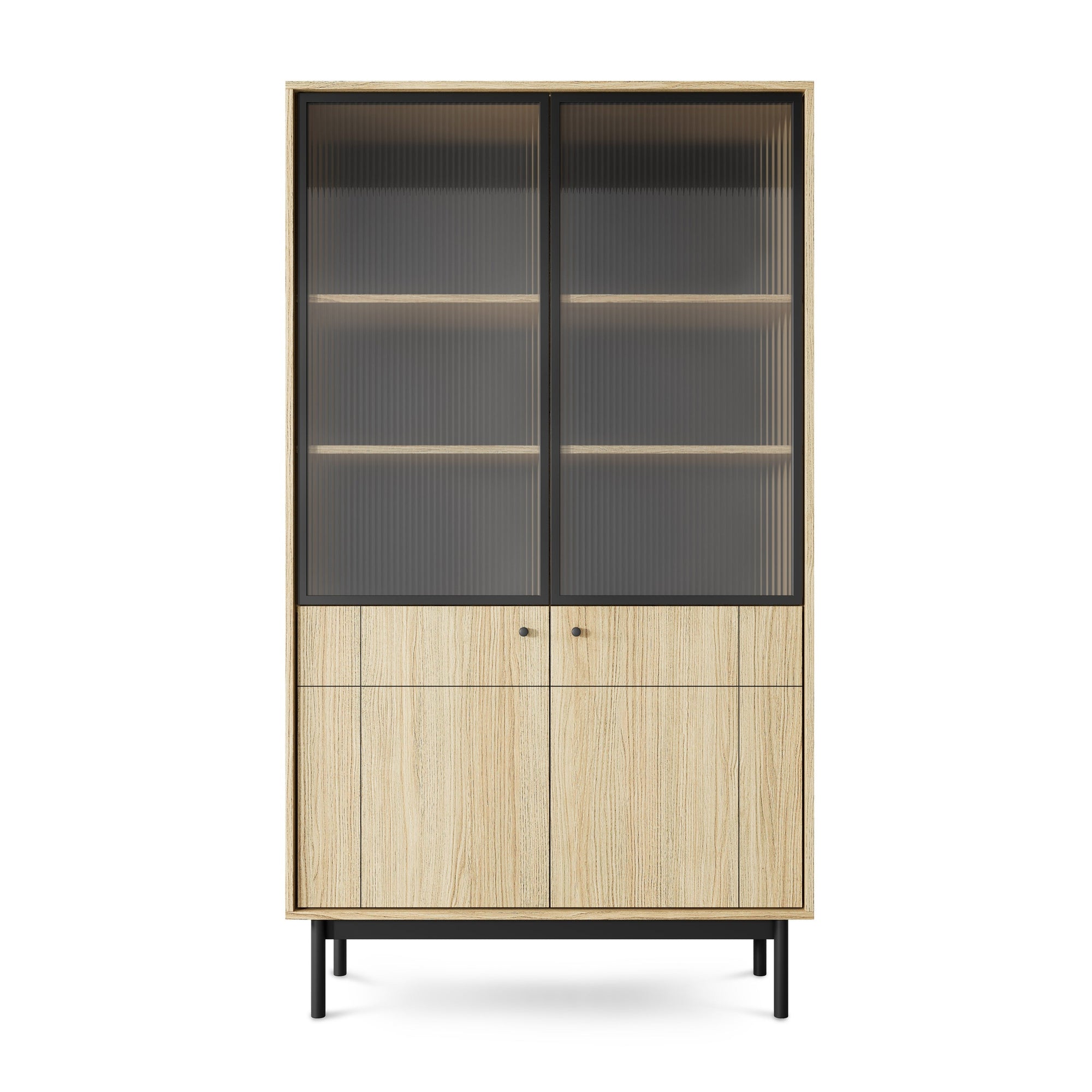 Witryna przeszklona 104x185 cm w stylu japandi – ryflowane szkło, cichy domyk Häfele, dąb Linea | Sabi