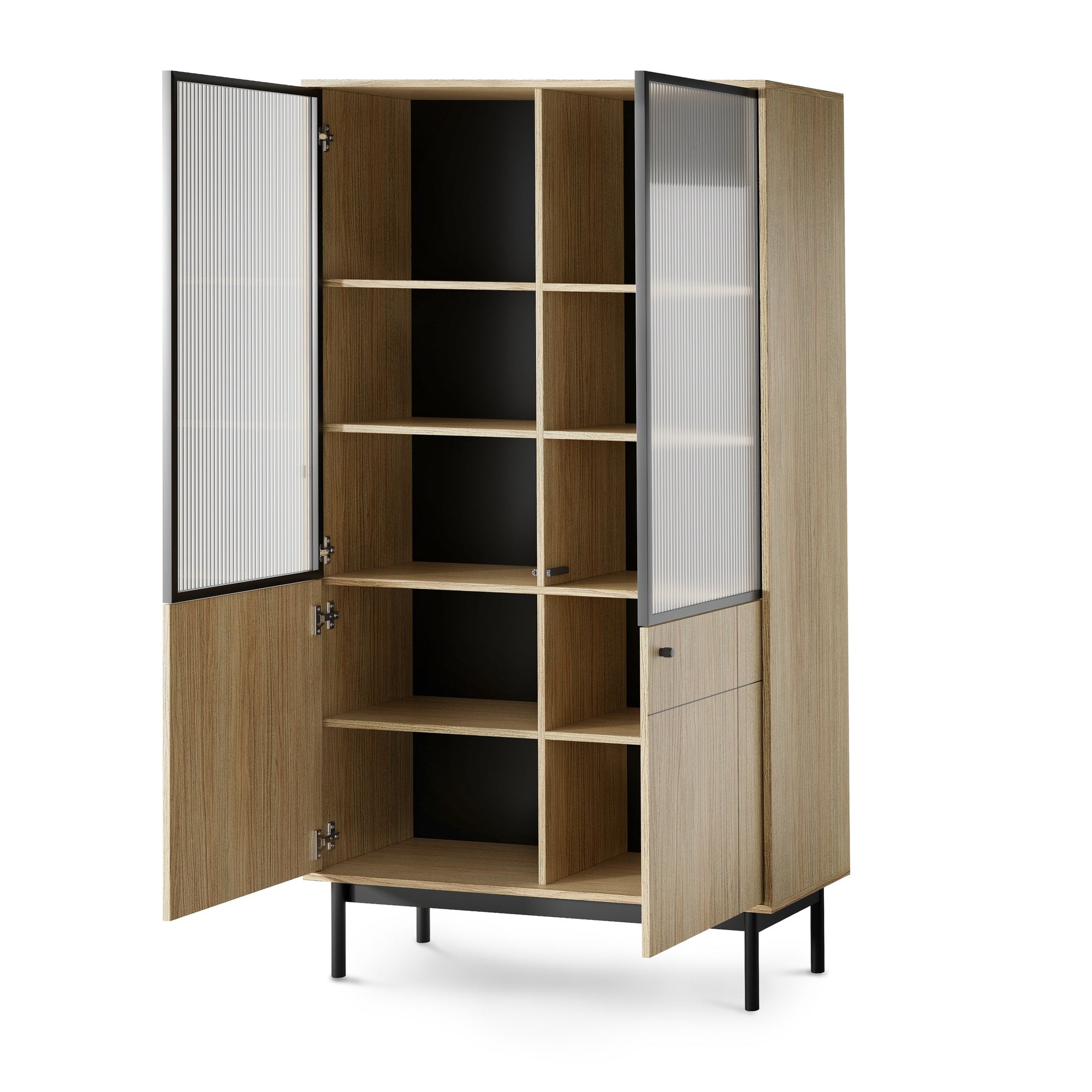 Witryna przeszklona 104x185 cm w stylu japandi – ryflowane szkło, cichy domyk Häfele, dąb Linea | Sabi