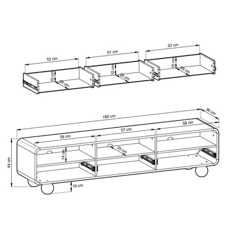 Szafka RTV 180x44 w stylu japandi – kaszmirowa, kuliste nóżki, szuflady push-to-open | Ballo